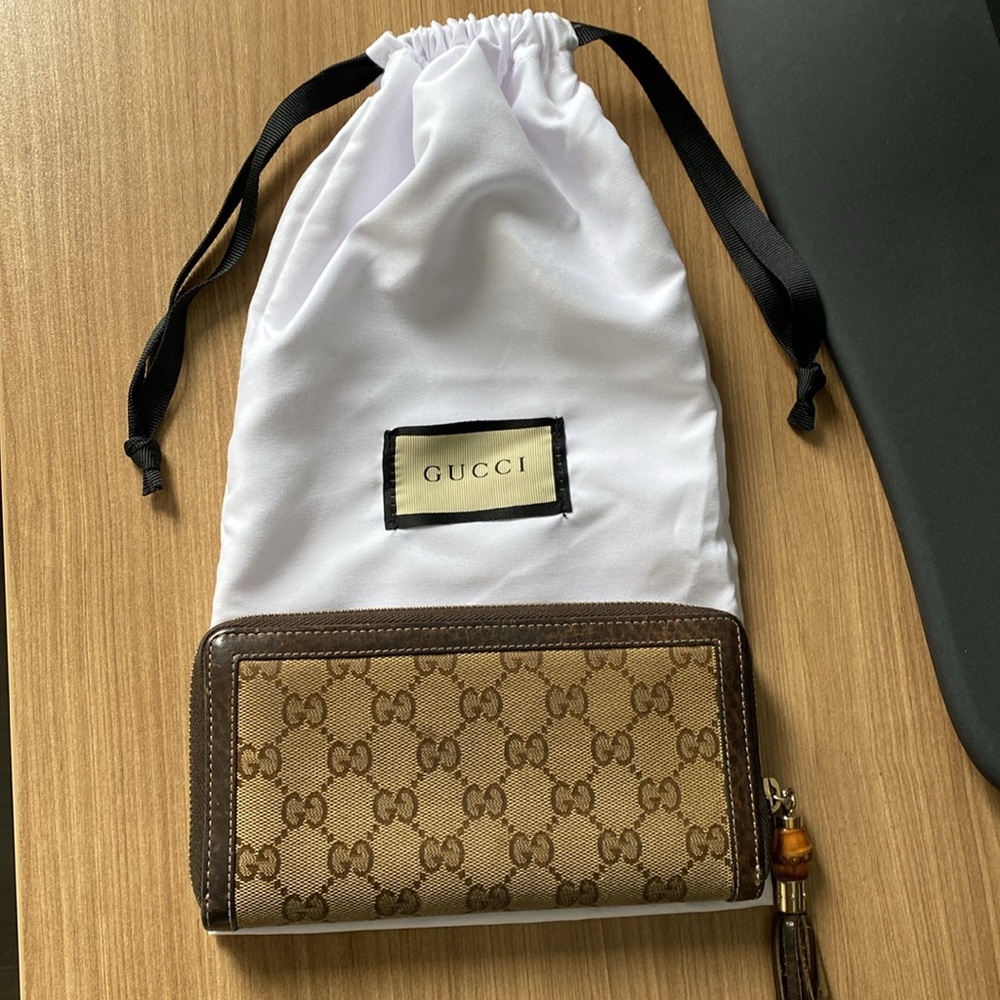 Authentic Gucci leather trim GG monogram bamboo tassel long wallet - Picture 6 of 7